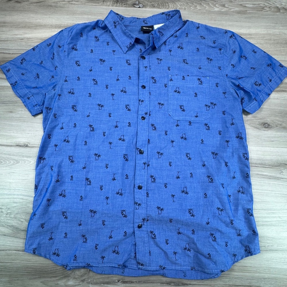 Disney AOP Mickey Mouse Mens XXL Blue Palm Tree Tropical Short Sleeve Button Up